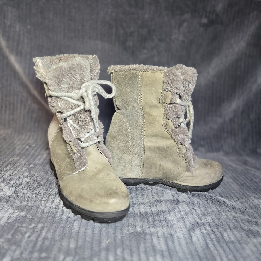 Sorel Joan‎ of Arctic Wedge II Cozy Boots Womens 9.5 Gray Suede Shearling Lined